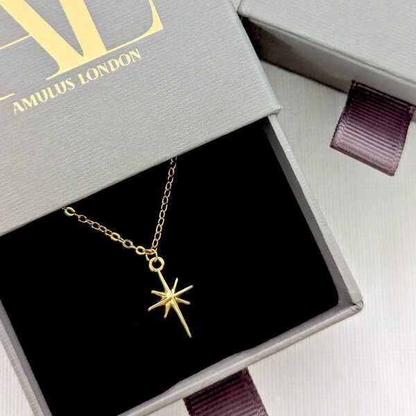 Small North Star Gold Necklace, Star 18k Gold Plated Pendant, Minimal Gold Star Necklace, Dainty Gold Starburst Charm, Gold Necklace