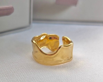 Minimalistischer Gold Stapelring, Vergoldeter Ring, Offener Goldring, Schlichter Unregelmäßiger Goldring, Goldring, Größe M