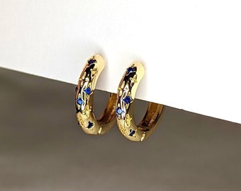 Dainty Sapphire Hoop Earrings Gold, Small Star Sapphire Hoop Earrings, 18k Gold Plated, Sapphire Stacking Huggie Hoops, Gold Hoop Earrings