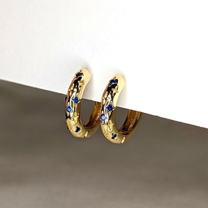 Dainty Sapphire Hoop Earrings Gold, Small Star Sapphire Hoop Earrings, 18k Gold Plated, Sapphire Stacking Huggie Hoops, Gold Hoop Earrings