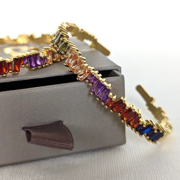 Rainbow Gemstone Gold Bracelet, 18k Gold Plated Gemstone Cuff, Multi Coloured Bracelet, CZ Unique Rainbow Bangle, Colour Stacking Bracelet