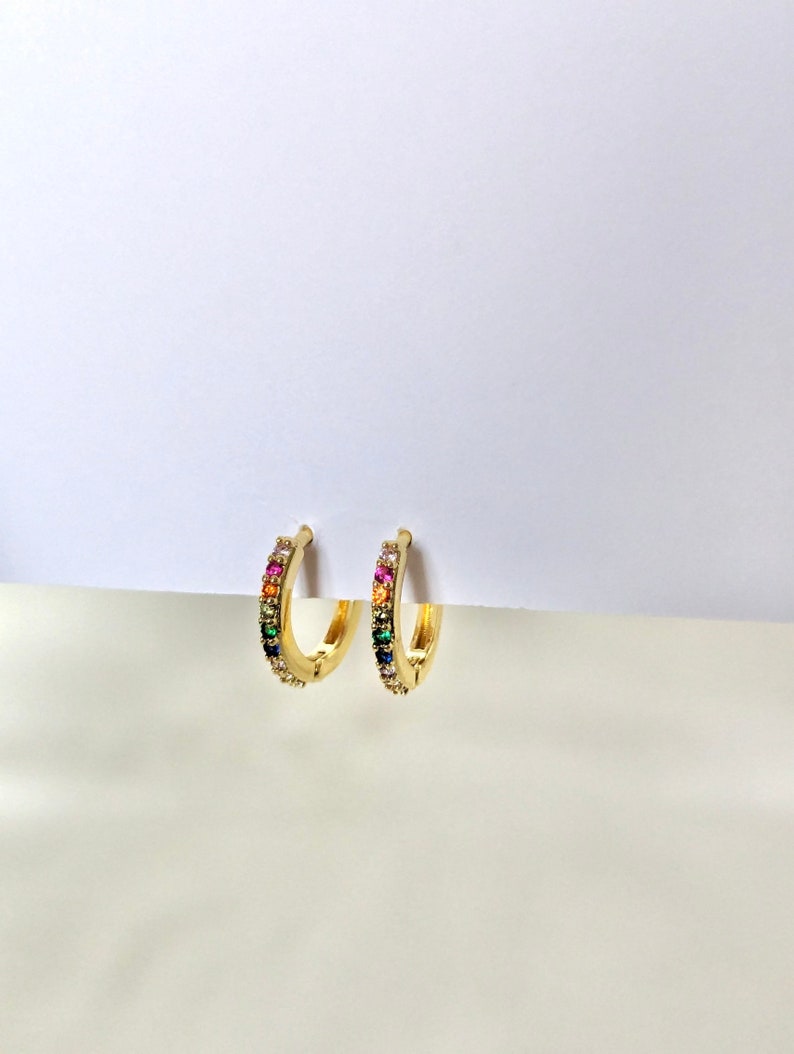 Small Rainbow Gold Hoop Earrings, Mini Gemstone Stacking Hoops, Thin ...