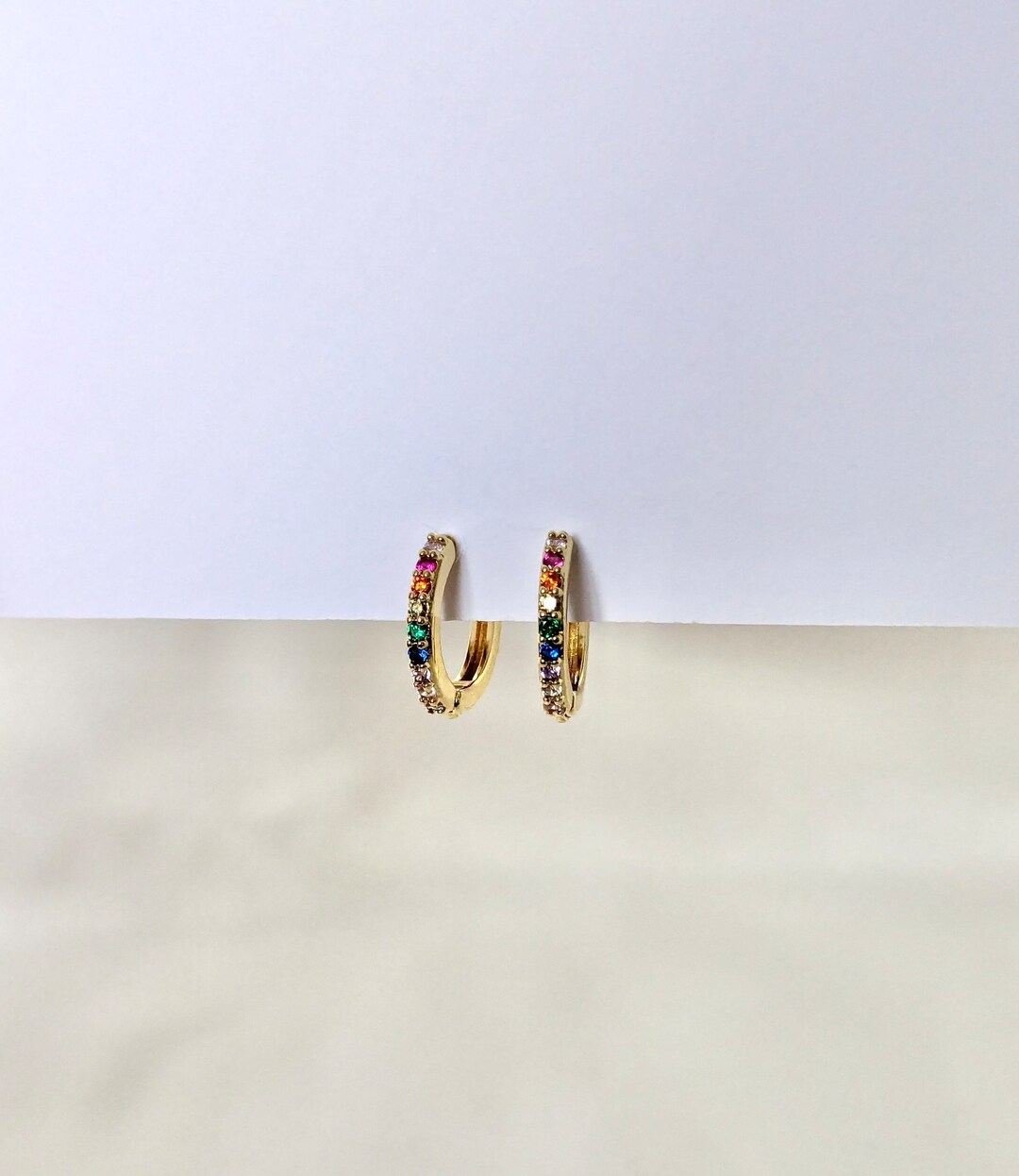 Small Rainbow Gold Hoop Earrings, Mini Gemstone Stacking Hoops, Thin ...