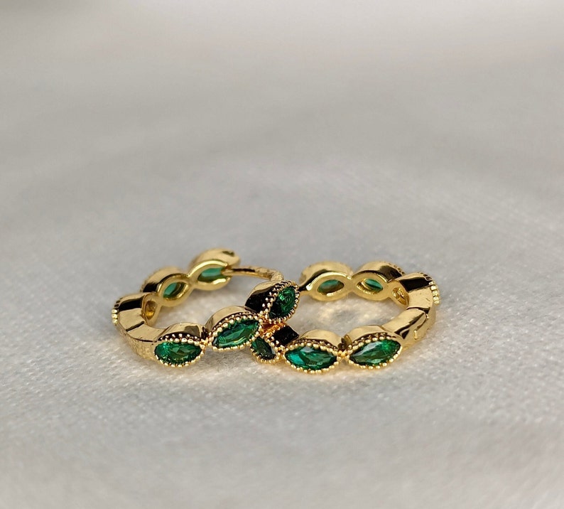Small Emerald Gold Hoop Earrings, Emerald Green Huggie Hoops, Emerald ...