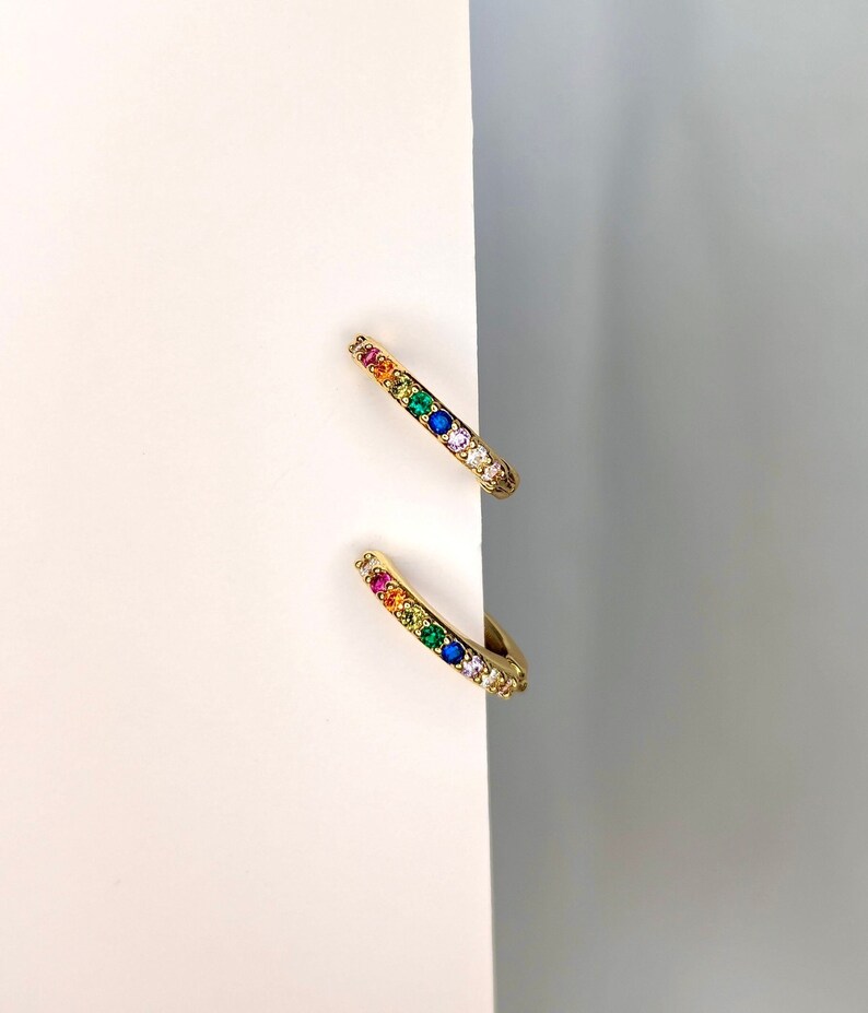 Small Rainbow Gold Hoop Earrings, Mini Gemstone Stacking Hoops, Thin ...