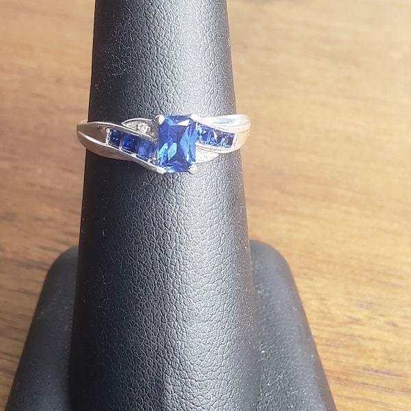 Vintage Emerald Cut Sapphire Ring: 10K White Gold Band with Diamond Accents