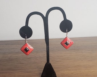 Handmade Zuni Red Coral, Onyx, and Sterling Silver Earrings