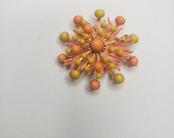 Vintage 1960'S Mid-Century Atomic Design Fluorescent Orange Statement Brooch