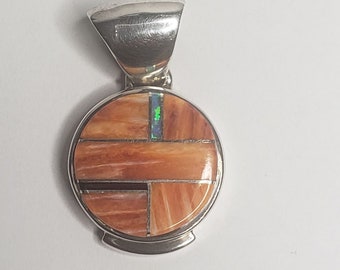 Vintage Southwestern Style 925 Silver Pendant with Spiny Oyster, Onyx, and Opal Inlays. Signed by First American Traders