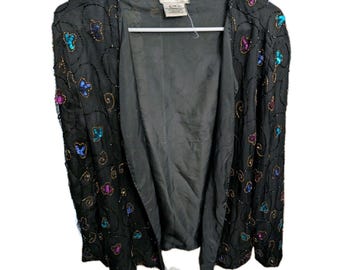 Vintage JMC Black Beaded Butterfly Jacket 1X Plus Size Embellished Cardigan Top