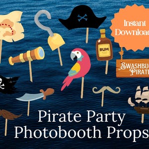 May include: A set of printable pirate party photo booth props. The props include a parrot, a pirate hat, a treasure map, a bottle of rum, a telescope, a sword, a mustache, and a ship. The props are printed on white paper and have a black outline.