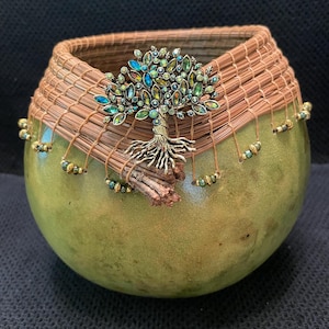 Gourd #192 ~ Lg Green Gourd Bowl w/Tree ~ Gourd Art