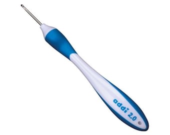 May include: A blue and white Addi 2.0 crochet hook with a pointed tip.