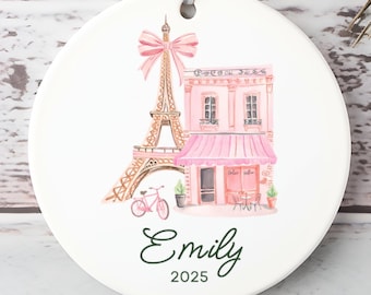Paris Christmas Ornament for Girls - Personalized Eiffel Tower Ornament with Name and Year - Coquette Pink Holiday Keepsake - Parisian Decor