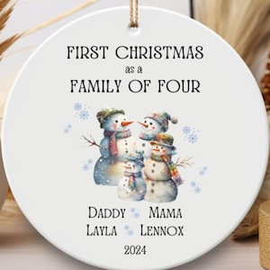 Personalized First Christmas As Four Ornament, Customized Family of 4 Christmas Ornament, Snowman Family Ornament