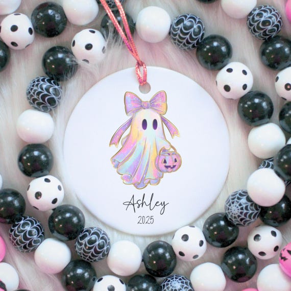 Personalized Pastel Ghost Ornament – Coquette Halloween Tree Decor – Cute Trick or Treat Keepsake with Name