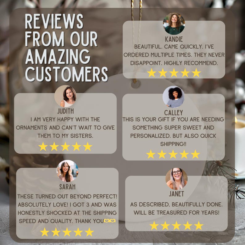 K&ouml;nnte beinhalten: Bild mit Kundenbewertungen mit dem Text "REVIEWS FROM OUR AMAZING CUSTOMERS". Die Bewertungen stammen von Kandie, Judith, Calley, Sarah und Janet. Jede Bewertung enth&auml;lt ein Foto und eine 5-Sterne-Bewertung.