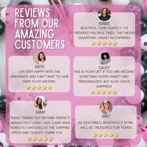 Pu&ograve; includere: Uno sfondo rosa con recensioni dei clienti. Il testo recita "RECENSIONI DAI NOSTRI FANTASTICI CLIENTI". Le testimonianze sono in riquadri bianchi con foto e valutazioni a stelle. I clienti lodano la qualit&agrave; e la spedizione.