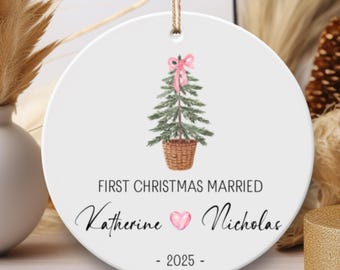 Coquette First Christmas Married Ornament – Personalized Newlywed Keepsake – Blush Bow Romantic Holiday Gift for Couple