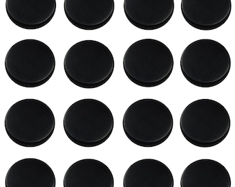 May include: Sixteen black, round, solid-colored cabinet knobs arranged in a grid pattern. Each knob has a flat top and a slightly rounded edge, creating a simple, modern design. The knobs are evenly spaced against a white background.
