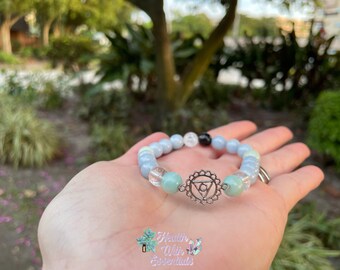 Throat Chakra Gemstone Bracelet, 8mm, Chakra Stones, Throat Chakra, Communication, Angelite, amazonite, selenite, shungite, clear quartz