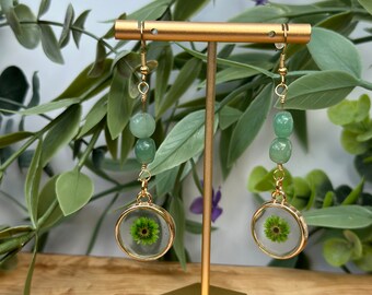 Green Aventurine Drop Earrings, Resin flower earrings, green flower earrings, Green Aventurine Earrings, Real Flower Earrings