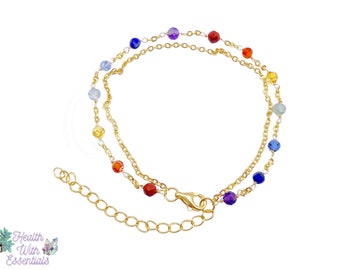 Chakra Bracelet, double row chain, sterling silver gold plated, chakra stones,