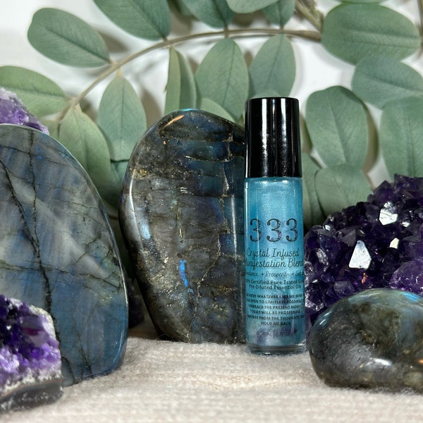 333 Essential Oil Blend Crystal Infused, Manifestation, Therapeutic Grade Essential Oils, Aromatherapy Roller, Crystal Infused