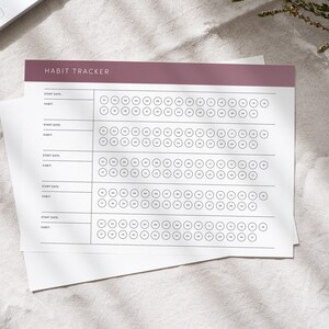 May include: A printable habit tracker with five sections for tracking habits. Each section has a space for the start date and the habit name. The tracker has a pink header with the text "HABIT TRACKER".