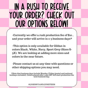 May include: Pink and white checkered background with black text that reads "IN A RUSH TO RECEIVE YOUR ORDER? CHECK OUT OUR OPTIONS BELOW!". Additional text provides details about rush production and available colors.