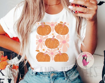 Komfortfarben Vintage Blumen Kürbis T-Shirt: Retro Halloween Tee