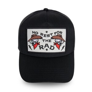 No Rest for the Rad Trucker Hat, western aesthetic graphic cap, mesh snapback, cowboy patch hat, edgy streetwear, unisex gift,
