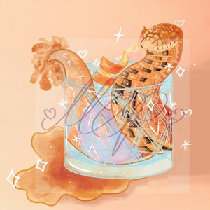 May include: Digital illustration of a snake in a cocktail glass. The snake has a brown and black pattern. The glass is filled with a light blue liquid and orange slices. The background is a peach colour with hearts and stars.