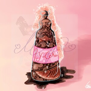 Könnte beinhalten: Illustration einer braunen Flasche mit dem Text "Py-Coke" auf einem rosa Etikett. Die Flasche ist von einer dunkelbraunen Flüssigkeit und Glitzer umgeben, vor einem rosa Hintergrund.