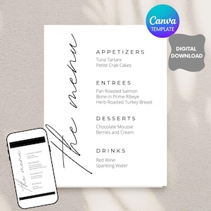 Elegante Abendkarte | Einfaches Hochzeitsmenü Vorlage | Bearbeitbar in Canva | Druckbare Lebensmittel Liste | Party-Dinner-Menü | DIY Abendkarte