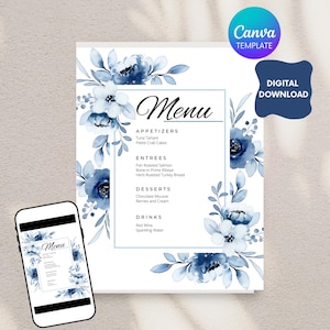 Plantilla elegante de menú floral azul/ Menú editable para fiestas/ Menú imprimible para cenas de eventos/ Descarga instantánea/ Edición gratuita en Canva/ Tarjeta de menú para bodas