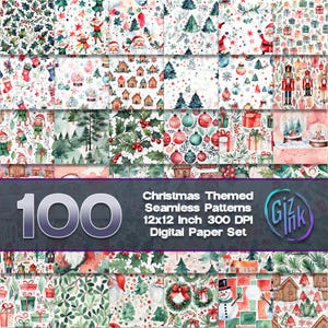 May include: A digital paper pack with 100 Christmas themed seamless patterns. The patterns feature a variety of festive elements, including snowmen, ornaments, presents, and Christmas trees. The pack includes 12x12 inch, 300 DPI digital papers.