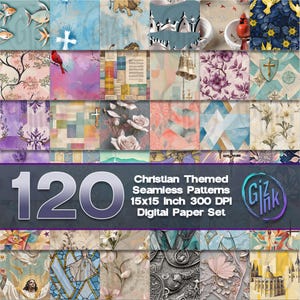 May include: A digital paper pack with 120 Christian themed seamless patterns. The patterns are 15x15 inches and 300 DPI. The pack is called "Giz Ink".