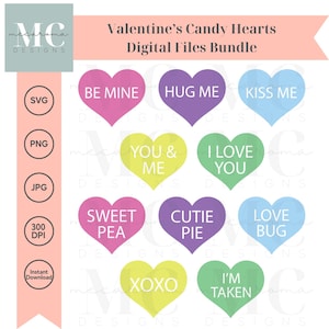 Könnte beinhalten: Ein digitales Dateipaket mit bunten Bonbonherzen mit Aufschriften wie "Be Mine" und "Hug Me". Die Herzen sind in verschiedenen Farben, darunter Rosa, Lila und Blau, mit weißem Text. Das Bild enthält auch Dateityp-Symbole.
