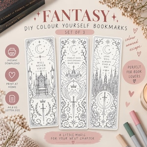 May include: A set of three black and white line art bookmarks featuring intricate fantasy illustrations of thrones, castles, swords, and celestial motifs. Each bookmark includes inspirational text such as I WILL NEVER YIELD, TO STARLIT SKIES AND DREAMS MADE REAL, and LOVE WILL ALWAYS FIND A WAY.