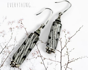 Art Glass, Black and Clear Dangle Earrings,  Chic, Retro Style