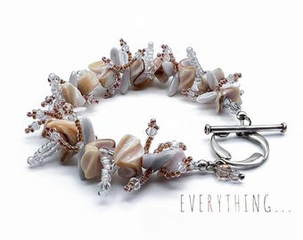 Summer White Seashell Bracelet, delicate crystal fringe and czech glass, artisan beaded bridal bracelet