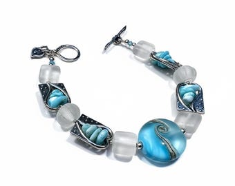 Larimar Sterling Silver Heart Bracelet: Lampwork Glass Bead Artisan Jewelry