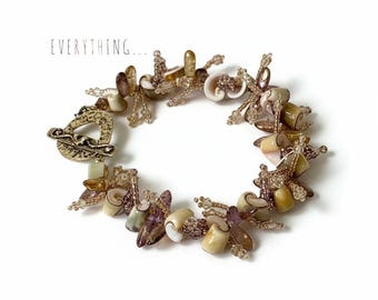 Gilded Lavender Beaded Bracelet, Czech Glass, Shells, Gold Bronze Toggle