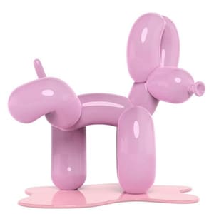 May include: A pink balloon animal sculpture in the shape of a dog. The dog is standing on a pink base.