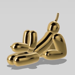 May include: A gold balloon animal shaped like a dog. The balloon animal is lying on its side with its head tilted back. The balloon animal is made of a single piece of balloon material.