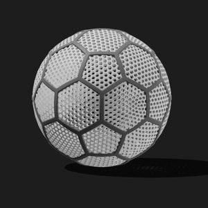 May include: A grayscale soccer ball with a unique design. The ball features a white, honeycomb-patterned surface, outlined by gray geometric shapes. The ball is set against a dark background, with a shadow beneath it.