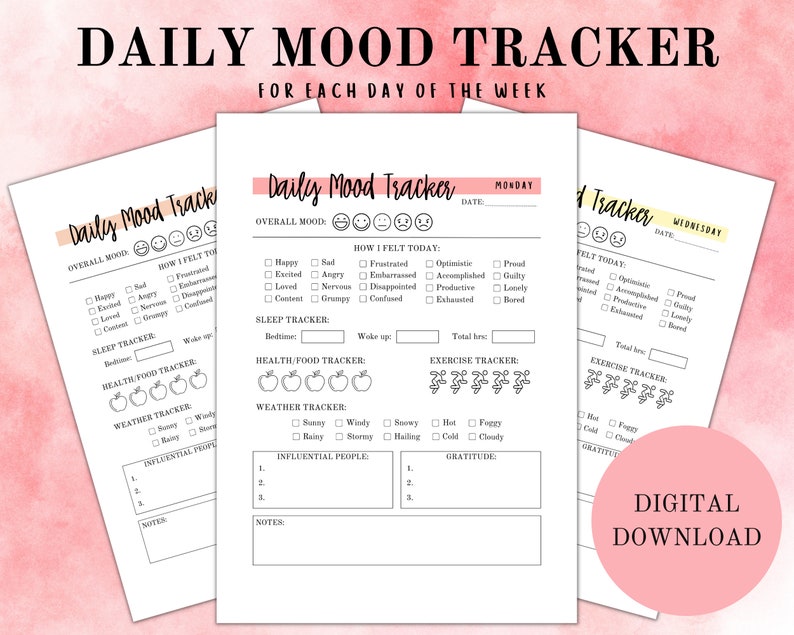 Daily Mood Tracker Printable, Digital Habit Tracker With Sleep and ...