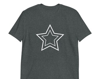 May include: A dark heather grey t-shirt with a white double-lined star graphic.