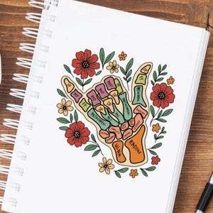 Anatomia dłoni kwiatowej Shaka znak | Naklejka fizjoterapeutyczna | Sztuka anatomii OT/PT | Kolorowa kość dłoni z kwiatami | DPT | Kropka | Prezent medyczny
